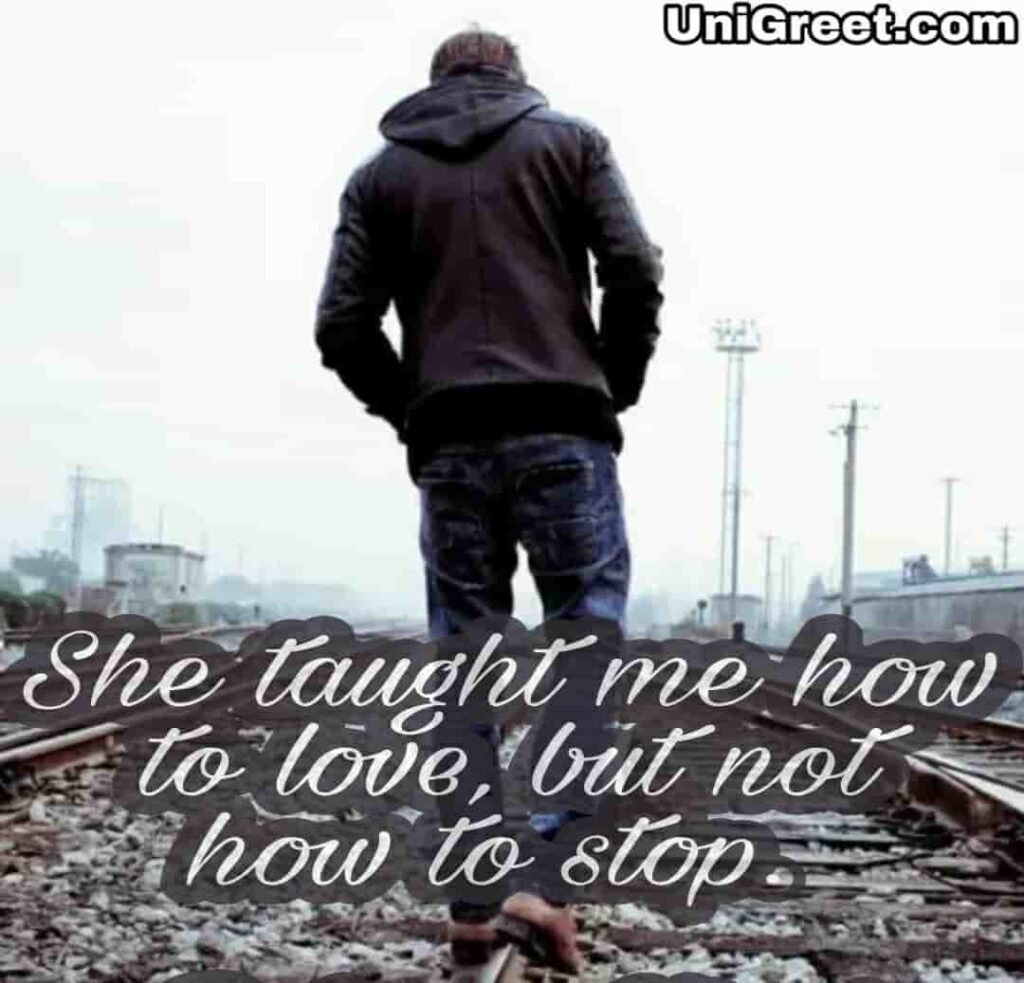 Sad boy on railway track with sad quotes in English