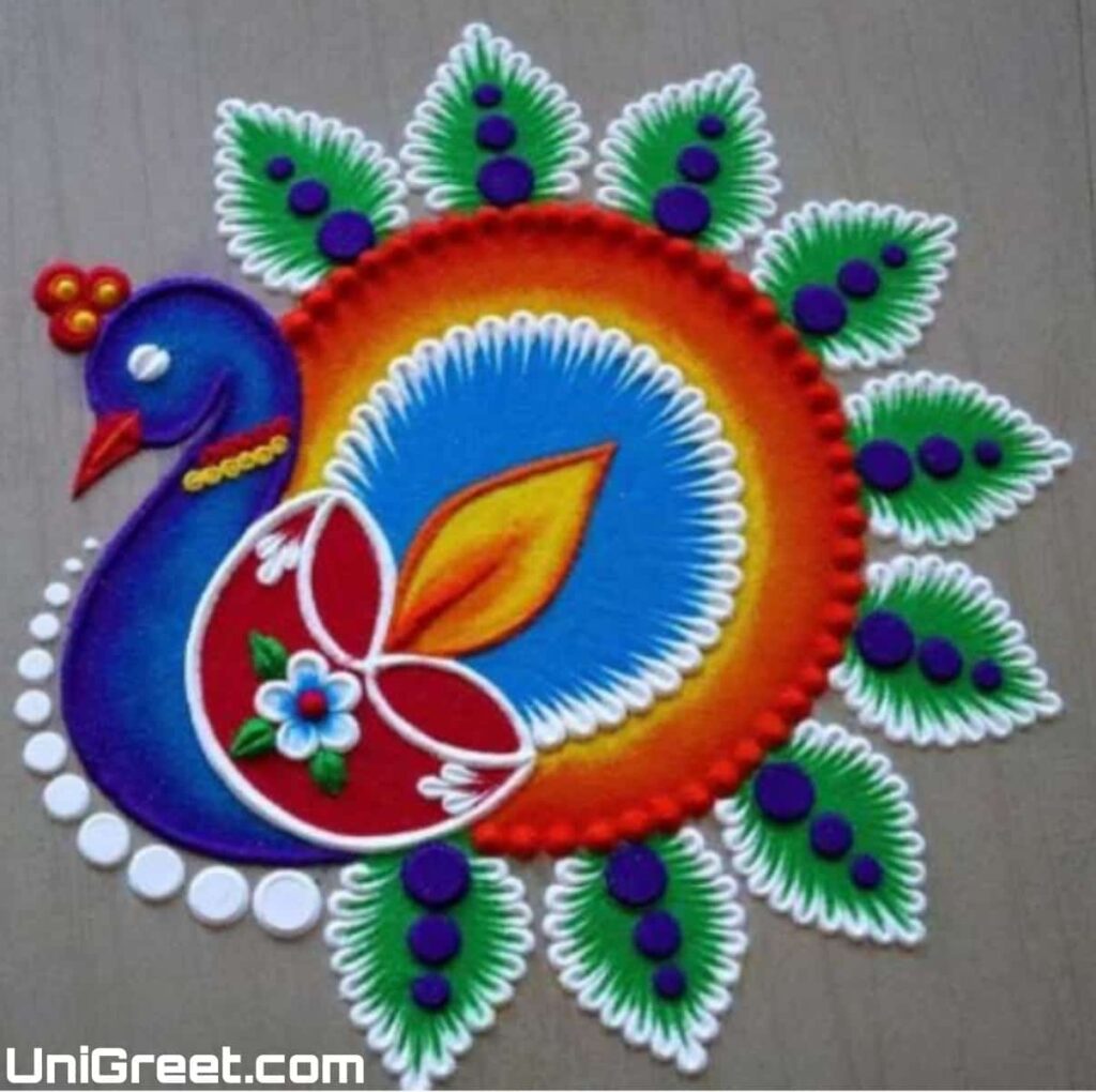 diya peacock rangoli design for diwali